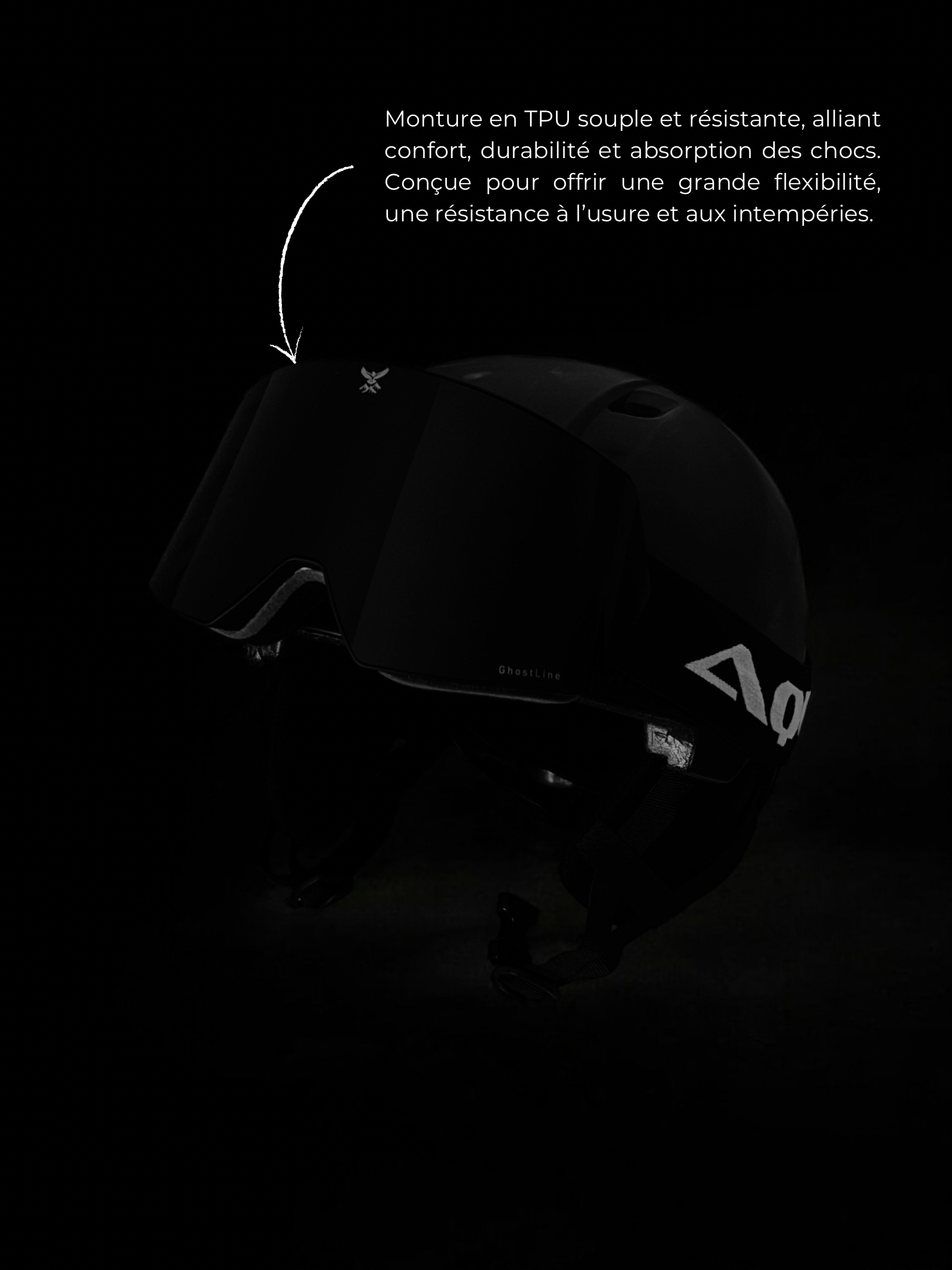 Le masque AQUILA OUTDOOR est posé sur un casque noir. Le modèle ghostline 